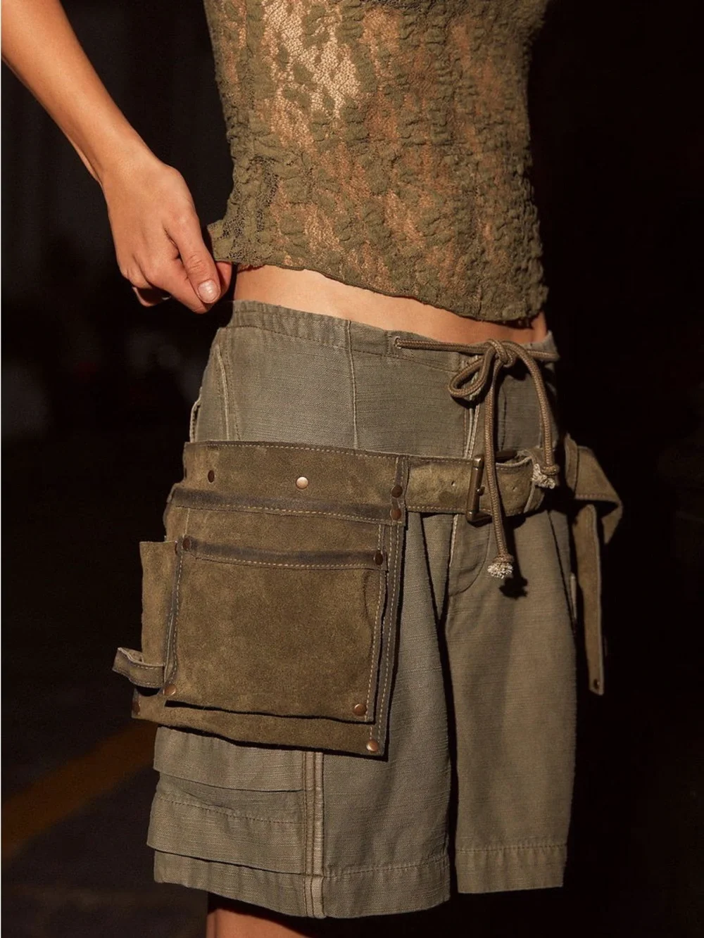 Free People Olive Green Suede Utility Belt with Pouch